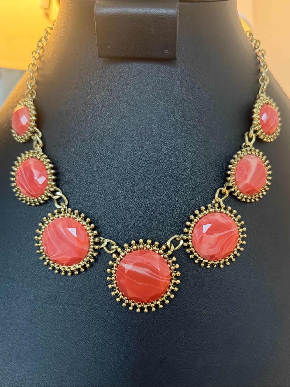 Statement necklace faceted coral pink marbled stone gold tone 21”